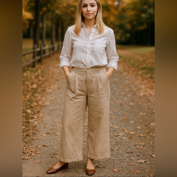 AMERICAN EAGLE HIGH RISE WIDE LEG STRETCH TROUSERS BEIGE WOMEN’S SIZE 12 - Picture 3 of 16